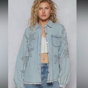 POL Denim Star Patch Button Down Shirt Light Wash Small New With Tags